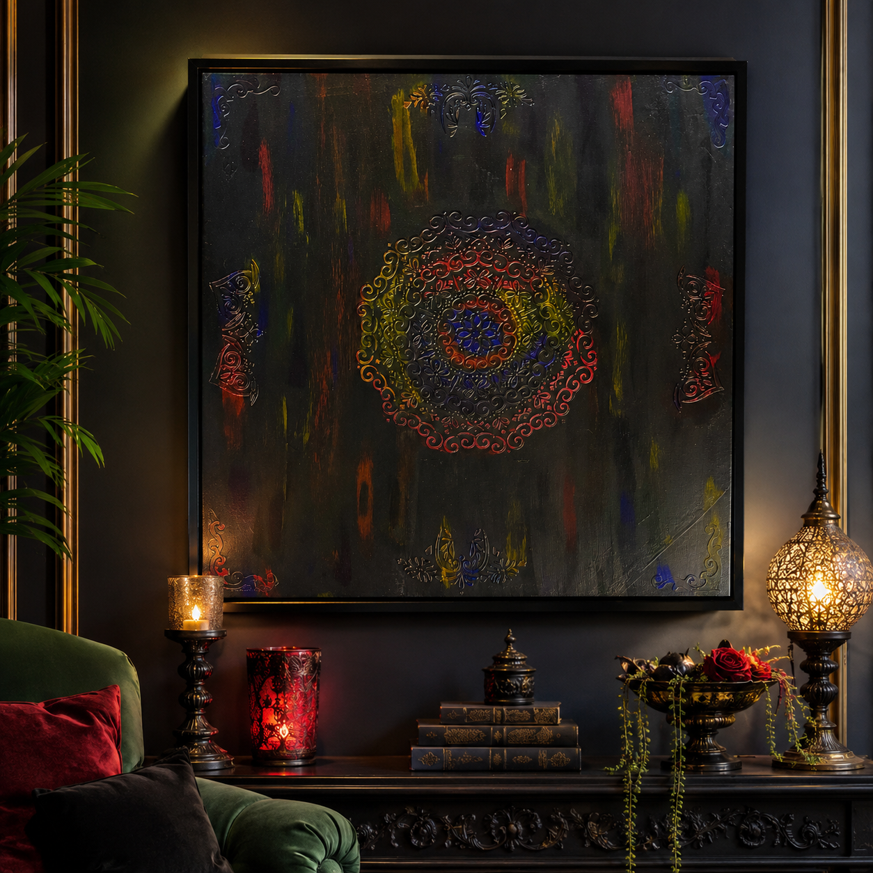 Beautifully Complicated — ornate mandala in rainbow hues over dark textured canvas with gold ornamental overlays, 24x24 mixed media acrylic