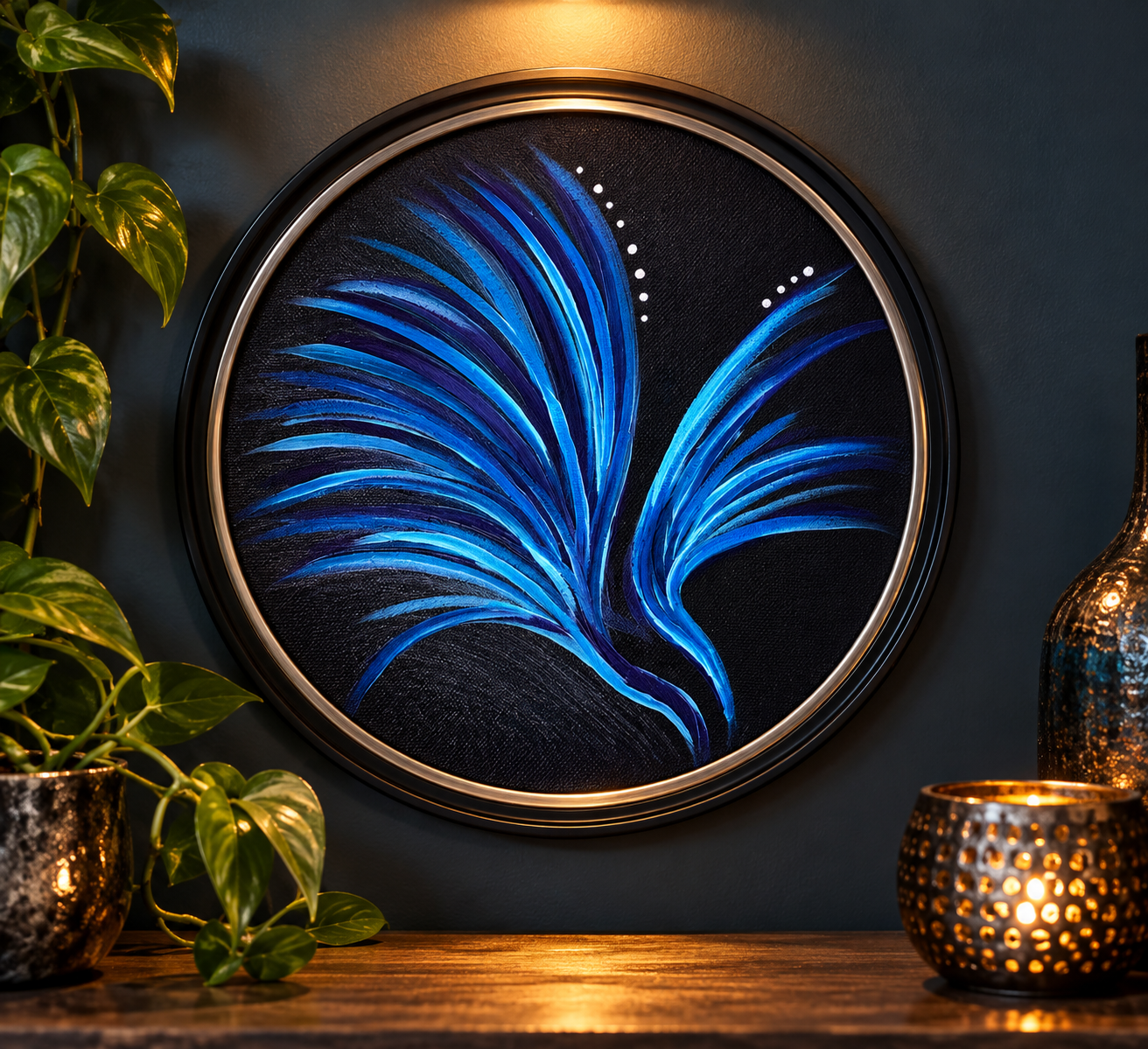 Electric Grace — bold electric blue ribbons rising from darkness on an 8-inch circle canvas, acrylic paint