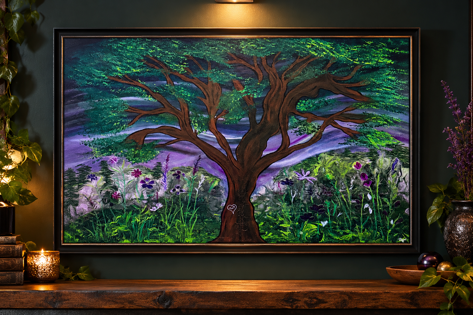 Rooted in Wonder — gnarled tree with vibrant green canopy and purple sky, wildflowers at its roots, heart carved in bark, 24x36 acrylic on canvas