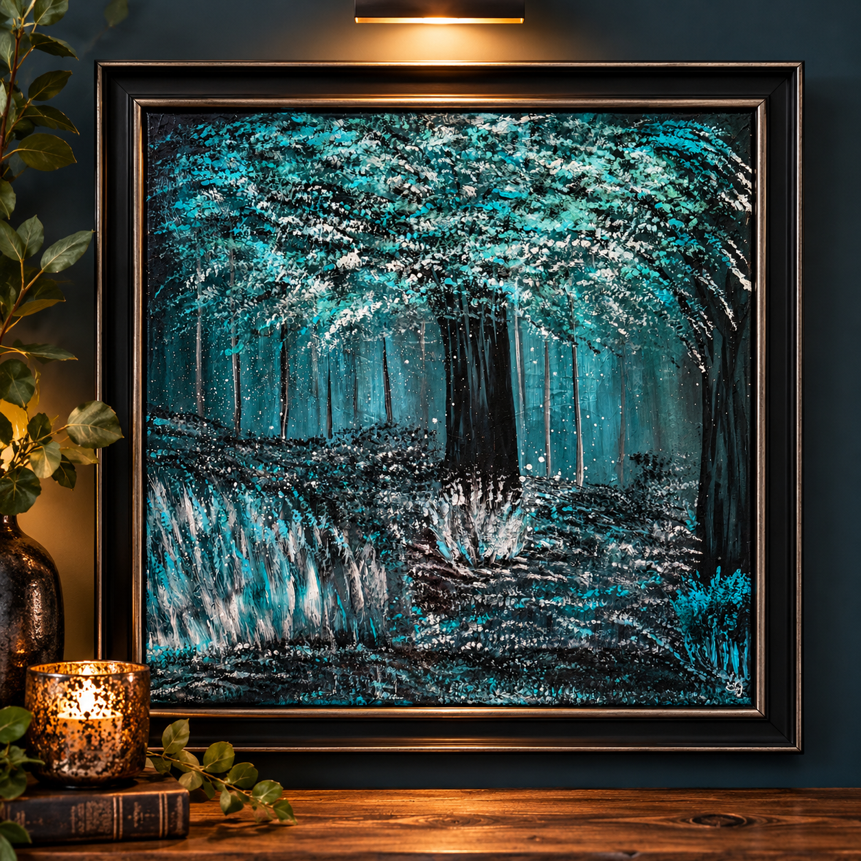 Where the Wild Things Heal — luminous teal and black forest scene with white light filtering through dark trees, 16x16 acrylic on canvas