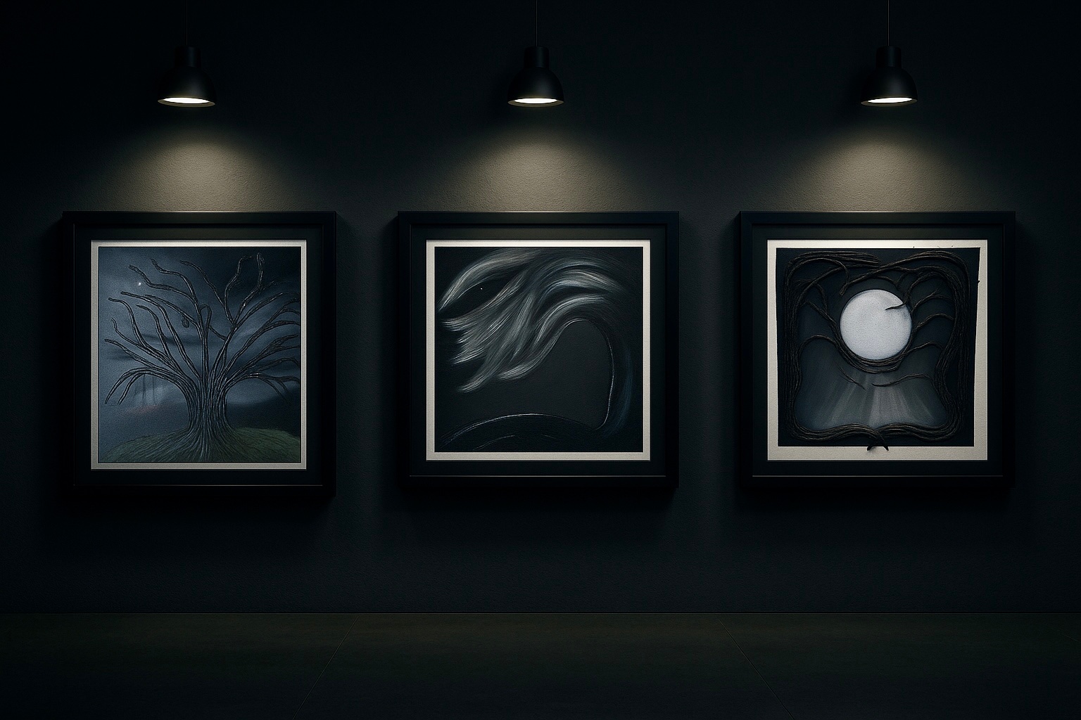 Winter Nights — series of three 16x16 mixed media canvases: a bare tree in fog, wind-swept branches, and a full moon cradled in dark vines