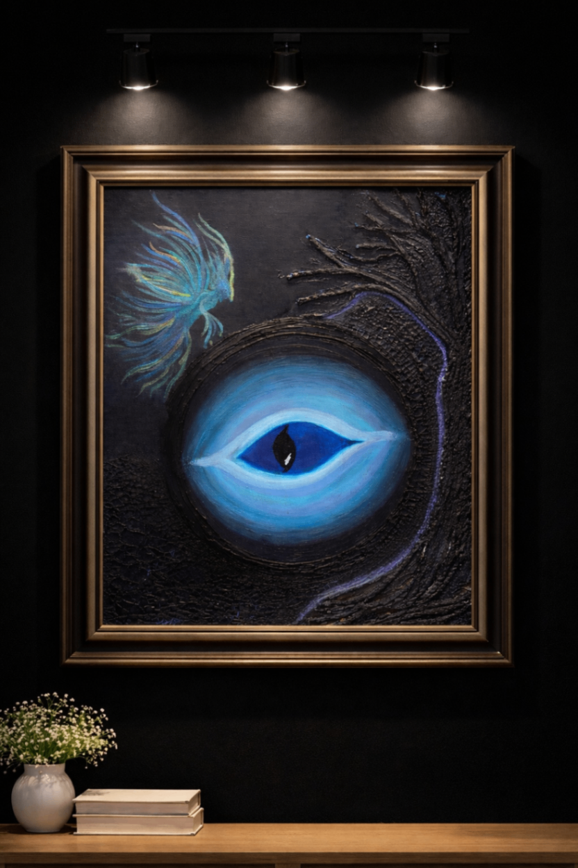 Seen — glowing blue eye on dark textured canvas