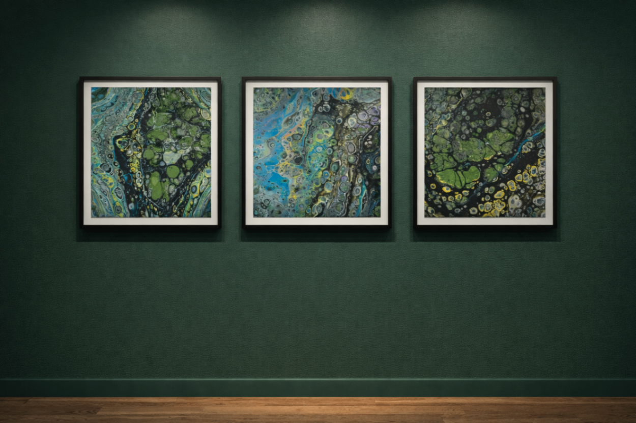 Tides of Memory — triptych of three 8x8 acrylic pour canvases in deep green, black, and blue with cellular fluid patterns