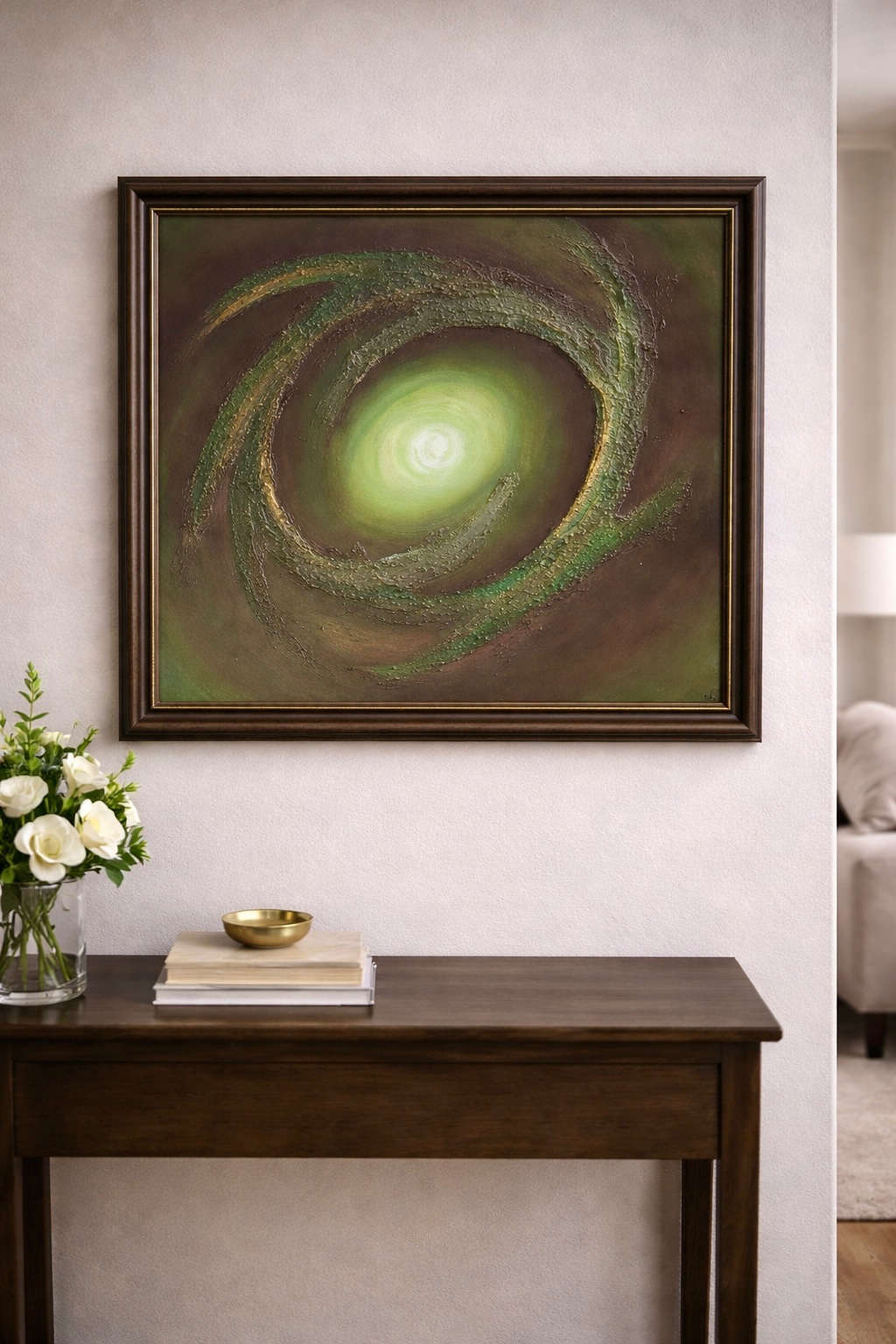 Where the Fairies Go — glowing green spiral portal on dark canvas, 20x20 mixed media