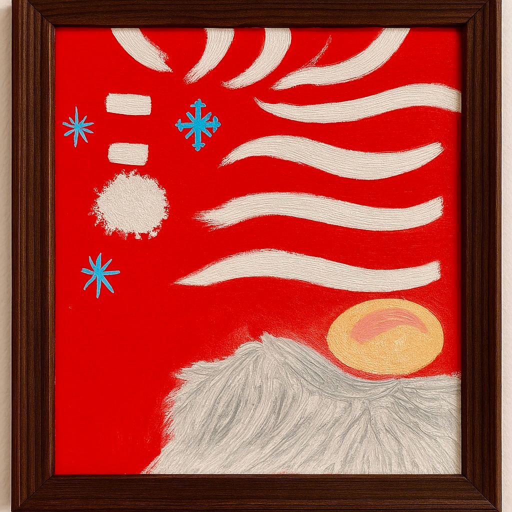 Holiday commission inspiration — gnome on vivid red ground with white wave brushstrokes and blue snowflakes