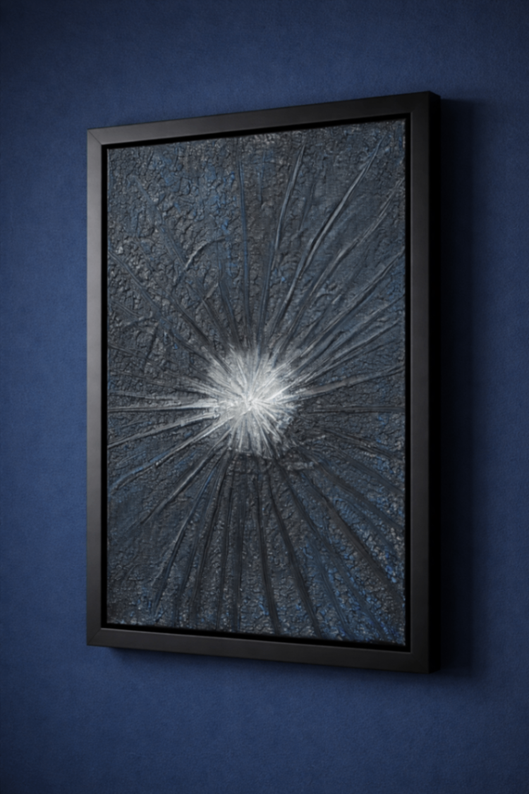 Summer Night — a single burst of white light radiating outward through deep blue-black textured mixed media, 14x14 canvas