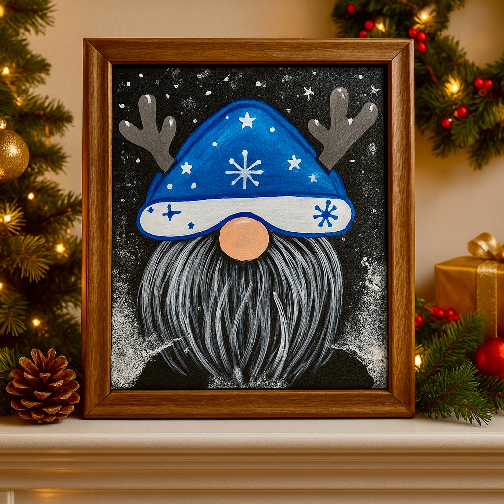 Holiday commission inspiration — gnome with blue snowflake hat and reindeer antlers on black ground
