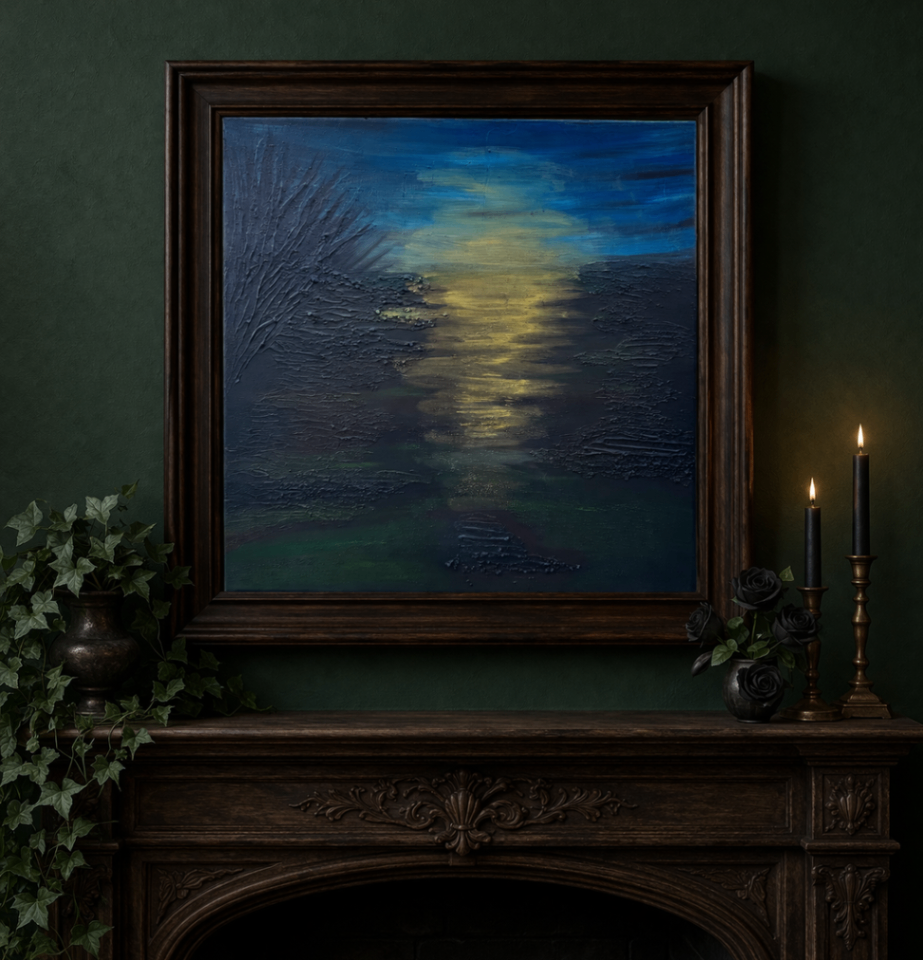 Carolina Marsh — moonlit marsh at dusk, golden light reflected on dark water, textured mixed media, 16x16 canvas