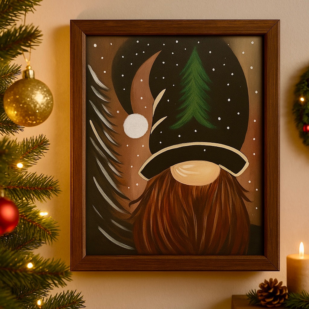 Holiday commission inspiration — gnome with warm brown beard and black hat beside a glowing green pine tree in snow