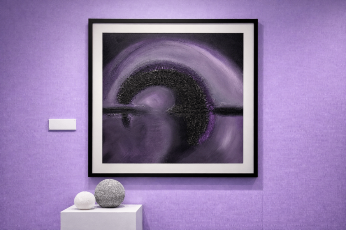 Anxiety — a dark textured arc swirling between black and violet, soft light breaking through at the horizon, 20x20 mixed media on canvas