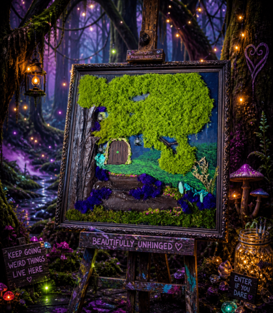 Innocence — 3D mystical forest scene with a tiny door in a moss-covered tree, fairy lights, purple mushrooms, 24x24 mixed media on canvas