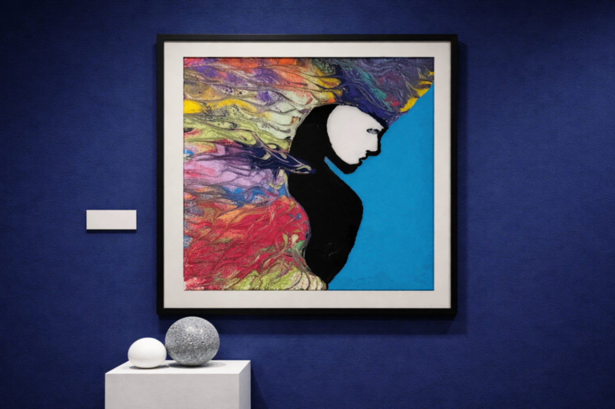 She Carries the Chaos — woman silhouette with explosive swirling color, 16x16 acrylic canvas