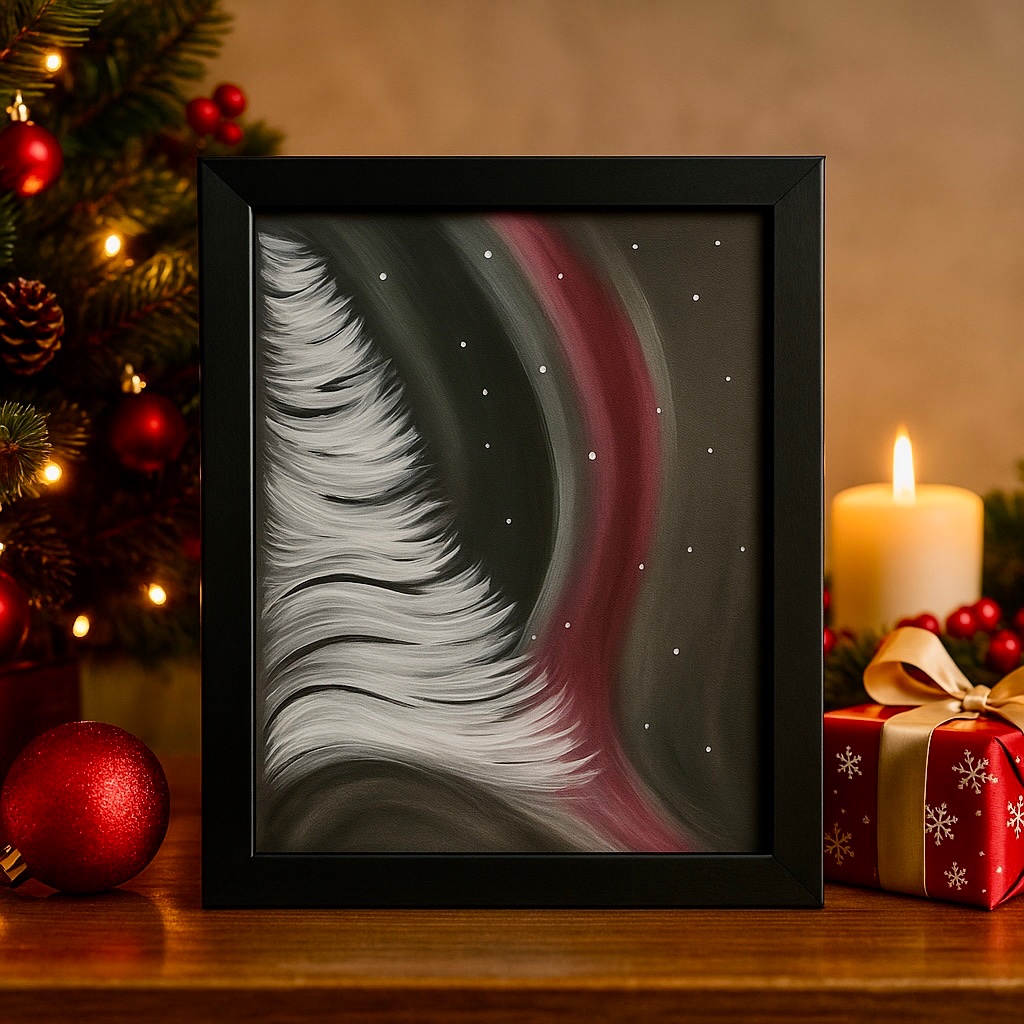 Holiday commission inspiration — abstract white tree with crimson aurora sweep and white dot stars on dark ground