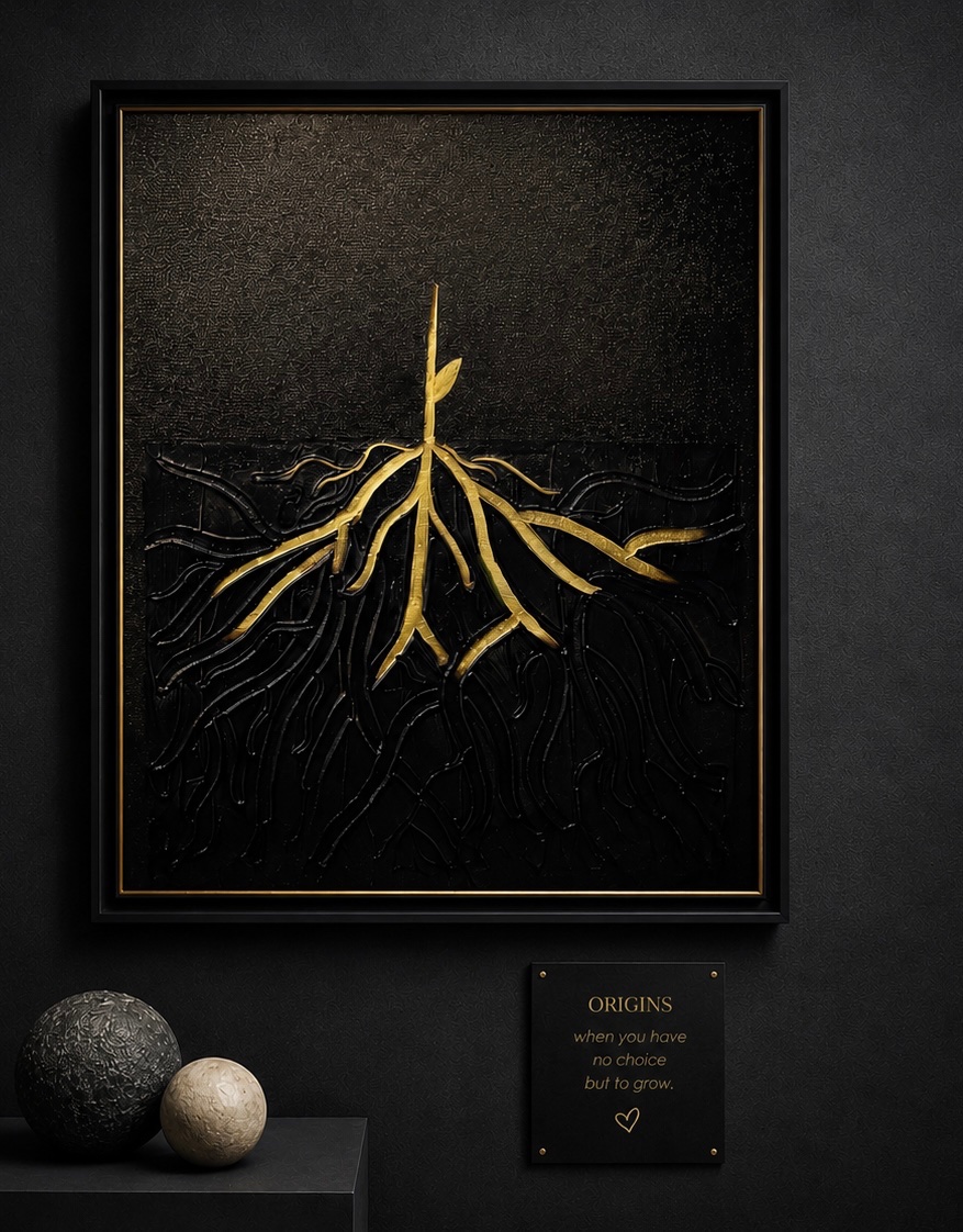 Origins — gold roots emerging from black textured canvas