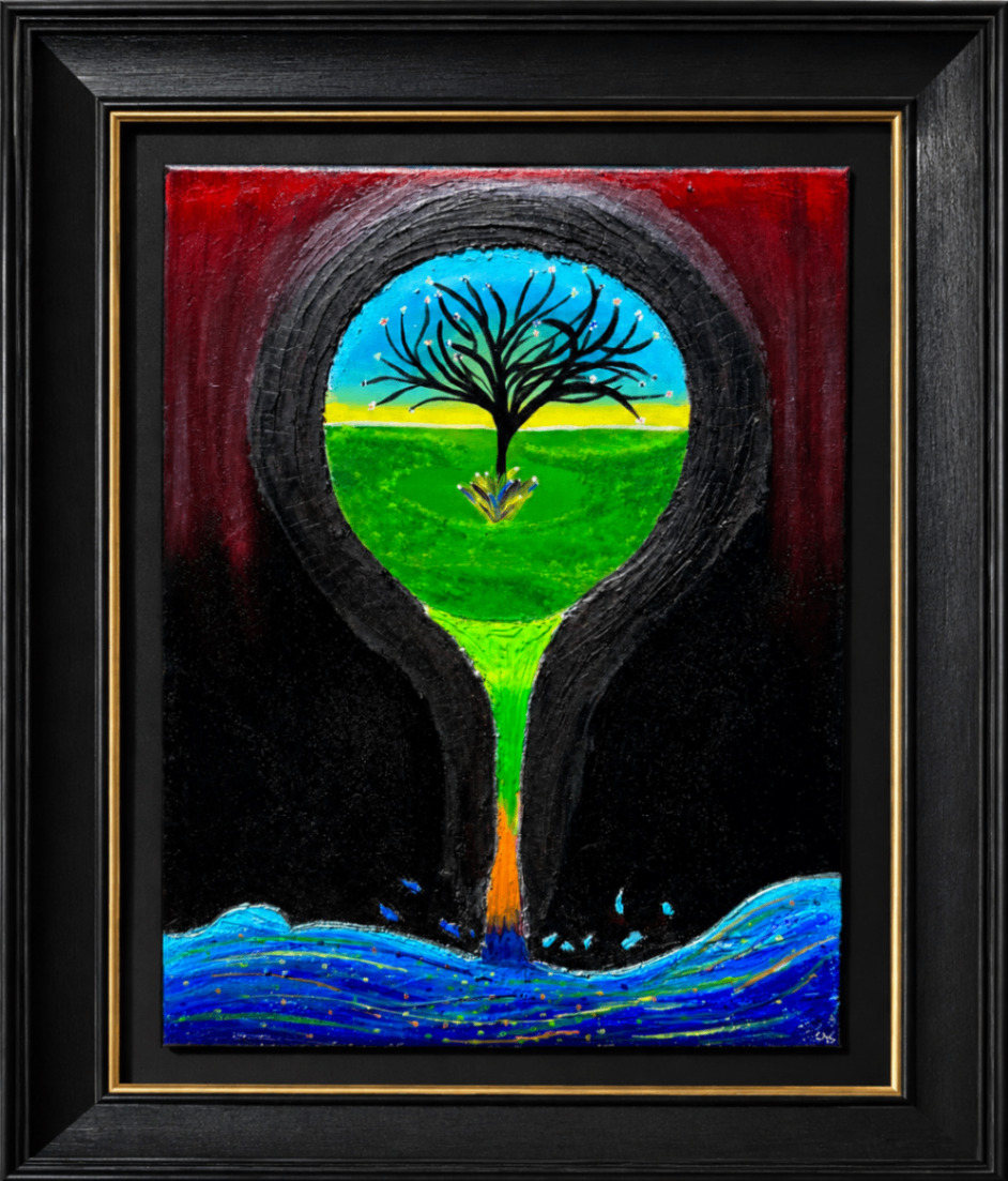 The Space Between — a tree rooted in light pushing through a dark tunnel toward open sky, 8x24 mixed media on canvas