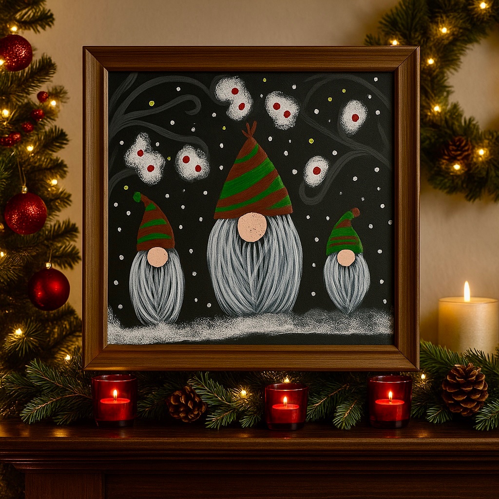 Holiday commission inspiration — three gnomes in green and brown striped hats standing in snow under holly branches