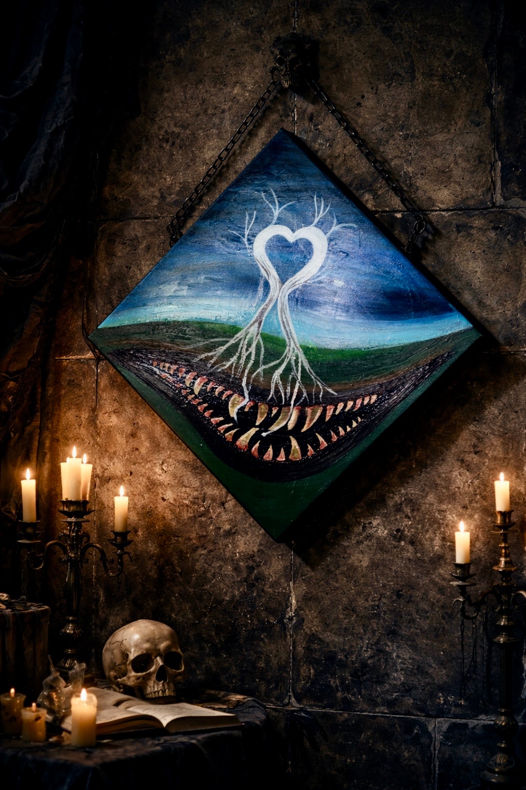 Complacency Kills — two trees forming a heart above jaws consuming their roots, 20x20 mixed media canvas