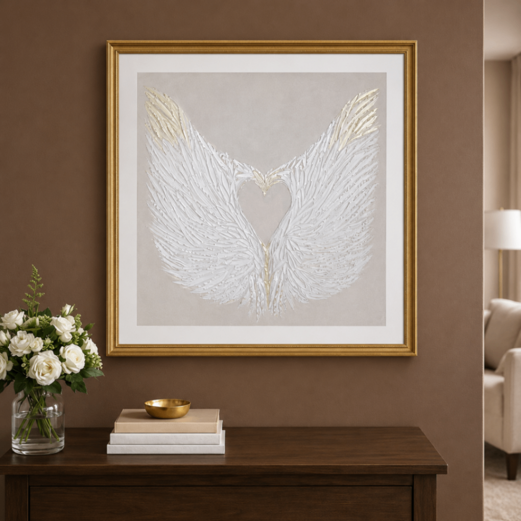Mothers Love — two white feathered wings curving inward to form a heart, gold-framed, 20x20 mixed media on canvas