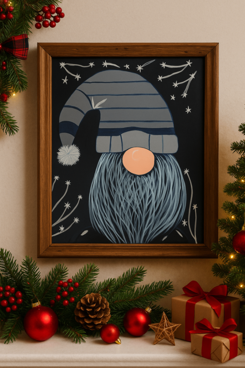Holiday commission inspiration — gnome with grey-blue striped hat and teal beard surrounded by constellation branches