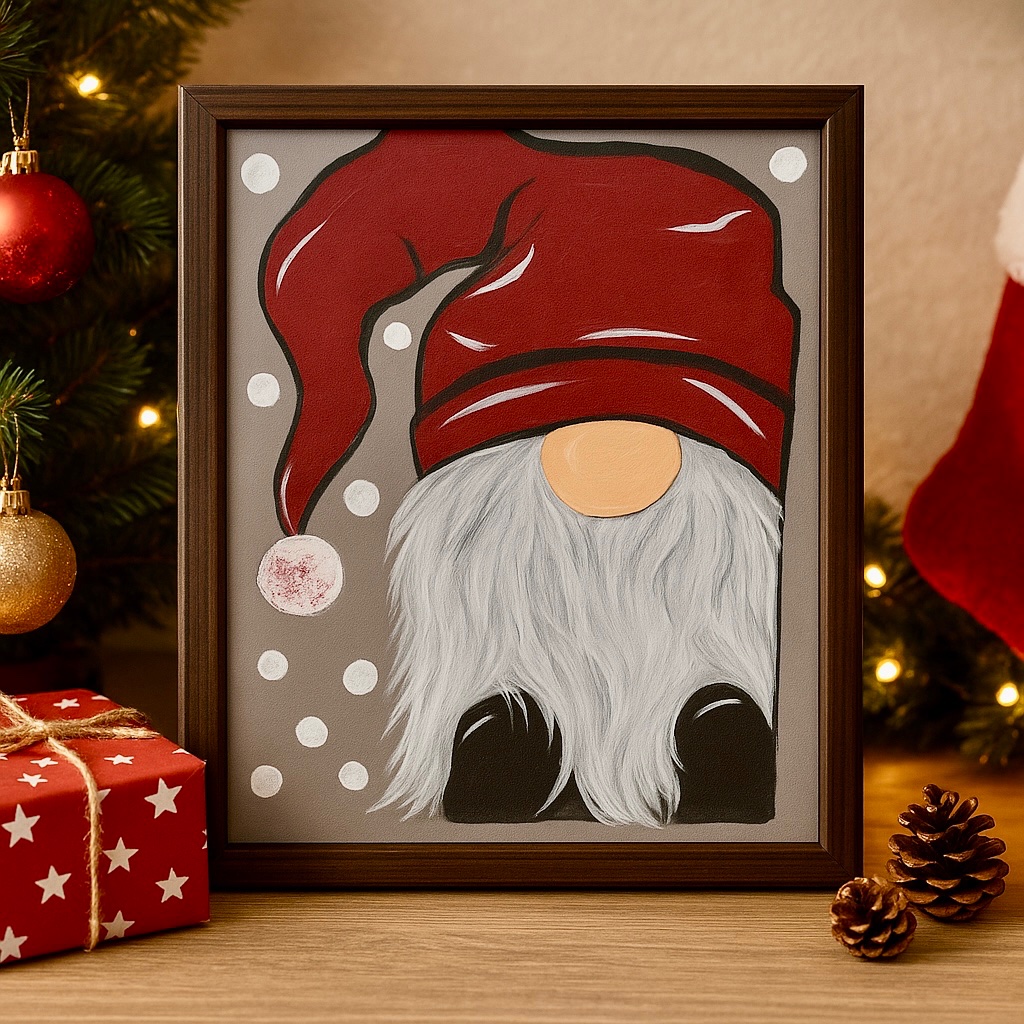 Holiday commission inspiration — gnome with bold red Santa hat and white beard on grey ground