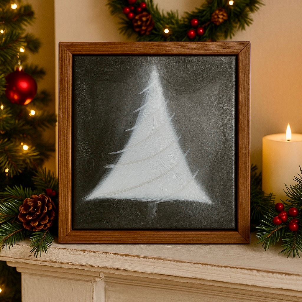 Holiday commission inspiration — minimalist white feathered tree on dark green ground