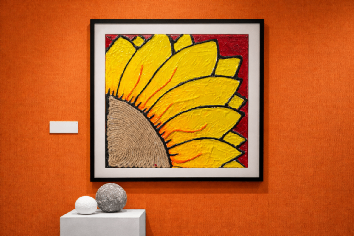 Simple Smile — bold sunflower in yellow and gold against a deep red background, textured mixed media, 14x14 canvas