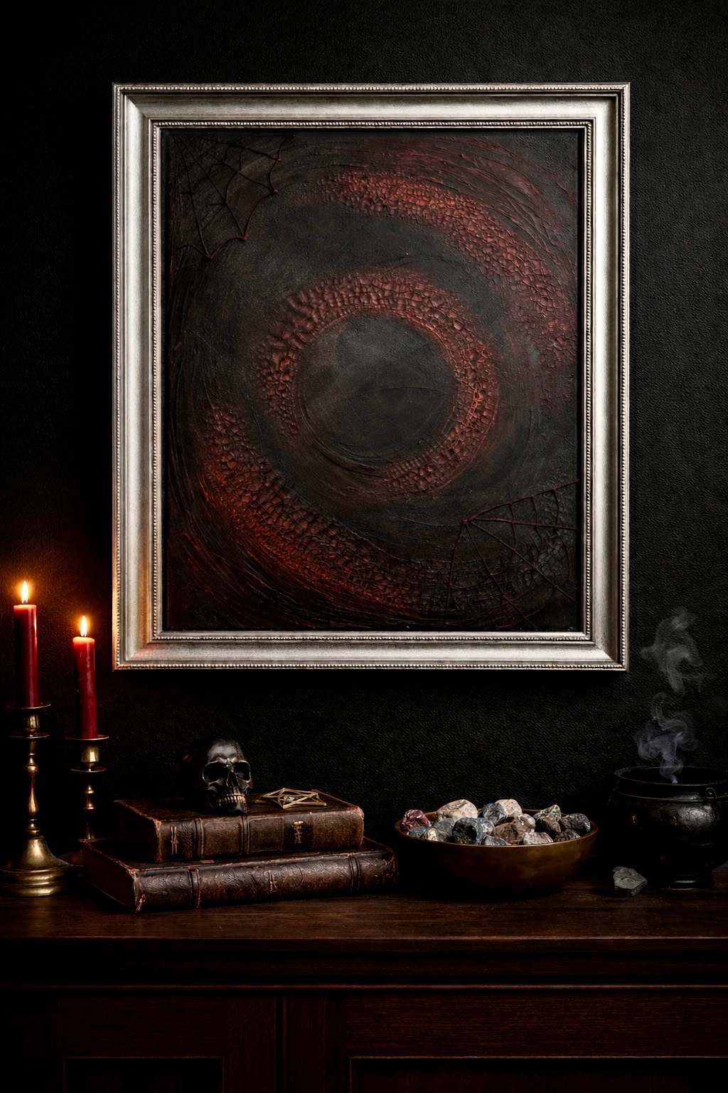 Swallow — a dark crimson spiral coiling inward against a near-black textured ground, cobwebs at the edges, 16x18 mixed media on canvas