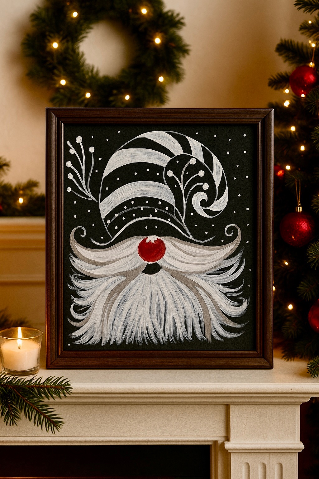 Holiday commission inspiration — gnome with swirling striped hat on black ground, white dots, red nose